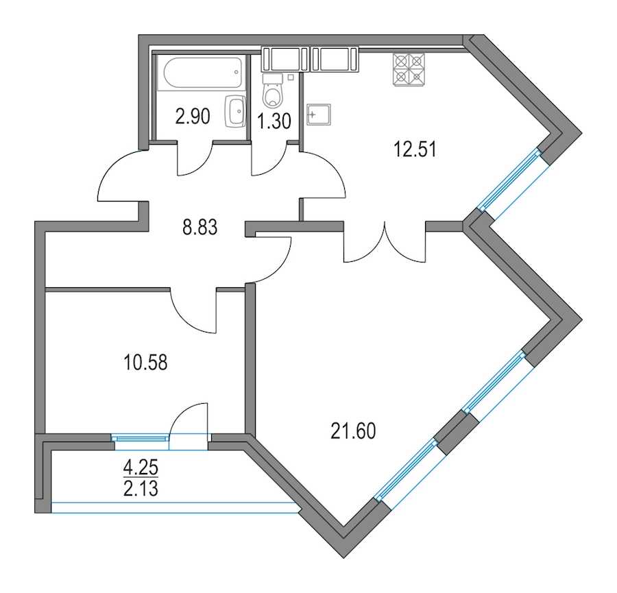 Двухкомнатная квартира в : площадь 57.72 м2 , этаж: 2 – купить в Санкт-Петербурге